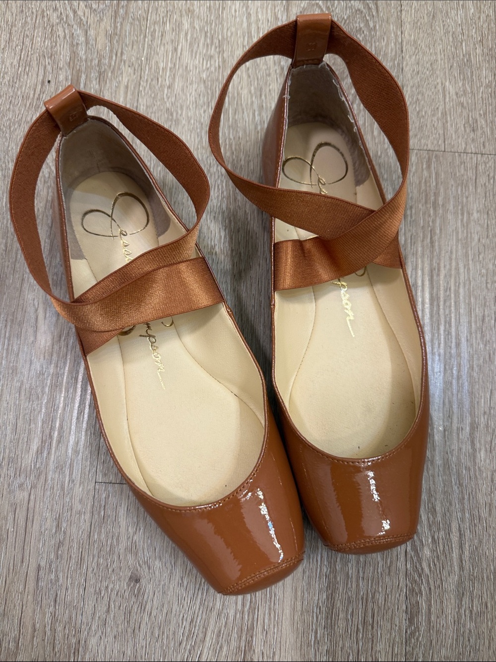 Jessica Simpson Tan Patent Square-Toe Ballet Flats with Wrap Straps